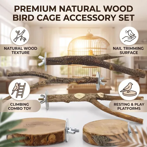 Vista 5 de Natural Wood Bird Perch Stand Platform Set, Tool Free Height Adjust