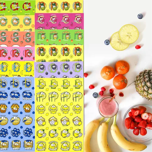Vista 4 de Calcomanías para rascar y oler, 576 piezas de calcomanías con olor a frutas y alimentos, 24 hojas de aromas, 144 diseños, calcomanías de recompensa