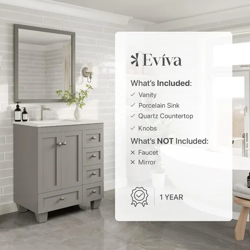 Vista 8 de Eviva Happy - Tocador de baño gris de 30 pulgadas con tapa de cuarzo Carrara y fregadero de porcelana