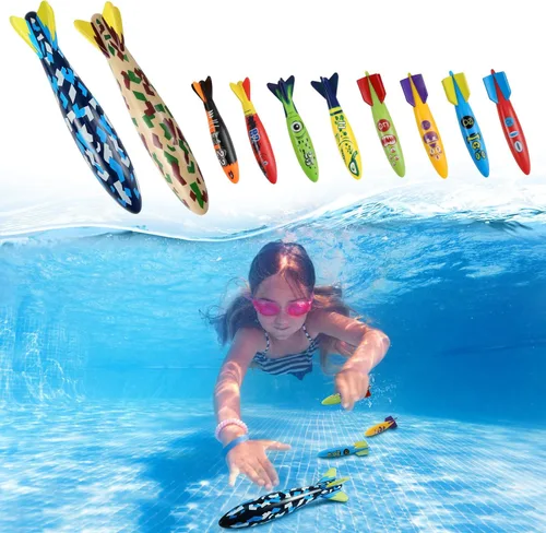 Vista 2 de MoKo Paquete de 10 juguetes de torpedo para piscina, 2 cohetes grandes y 8 pequeños de buceo para niños y adultos, juguetes de deslizamiento