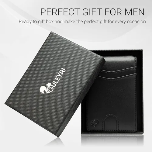 Vista 3 de GULEYRI Cartera delgada de cuero italiano plegable para hombres y mujeres con clip para dinero y bloqueo RFID, soporte minimalista para tarjetas
