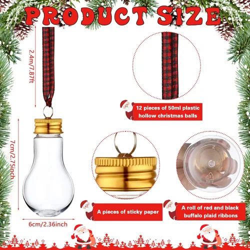 Vista 2 de Kajaia 12 bolas de alcohol de Navidad, adornos de árbol rellenables de Navidad con calcomanías de cinta de cuadros de búfalo, adornos de plástico