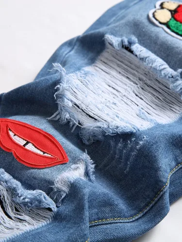 Vista 4 de Jeans para hombre Pantalones de mezclilla rasgados y con detalles de parches de letras (color lavado medio, talla 32)