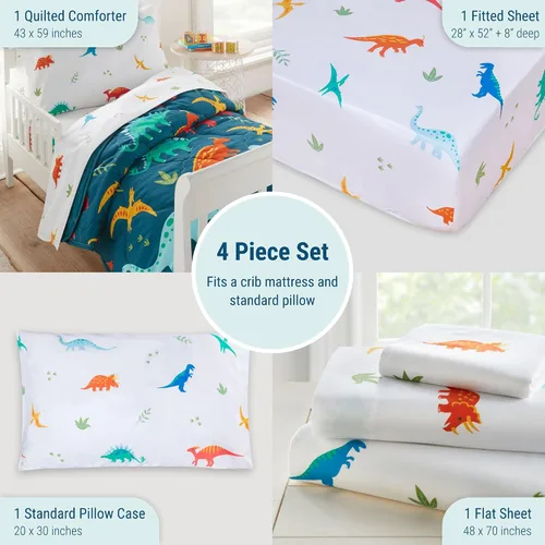Vista 3 de Wildkin Cama para niños pequeños en una bolsa, juego de ropa de cama de microfibra de 4 piezas con edredón, funda de almohada y sábanas, dinosaurios