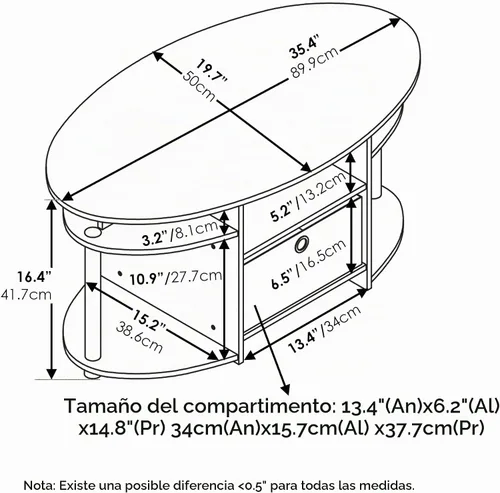 Vista 3 de Furinno Jaya Mesa de Centro Ovalada de Diseño Simple con Contenedor para Sala de Estar, Americano/Cromo/Negro Side Shelf and Storage Bin, 35.4