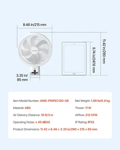 Vista 7 de VEVOR Ventilador de montaje en pared de 8.5 pulgadas, ventilador colgante
