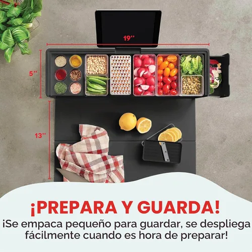 Vista 6 de Prepdeck Estación de almacenamiento y preparación de recetas Gen 2, 8 herramientas esenciales + tabla de cortar de lujo, 14 recipientes de plástico