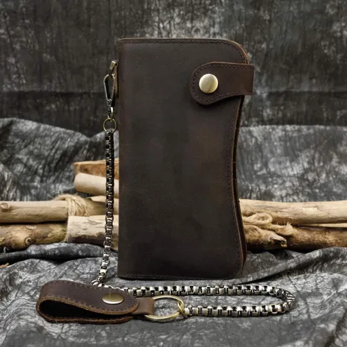 Vista 6 de Billetera larga de cuero genuino para hombre, cartera plegable grabada