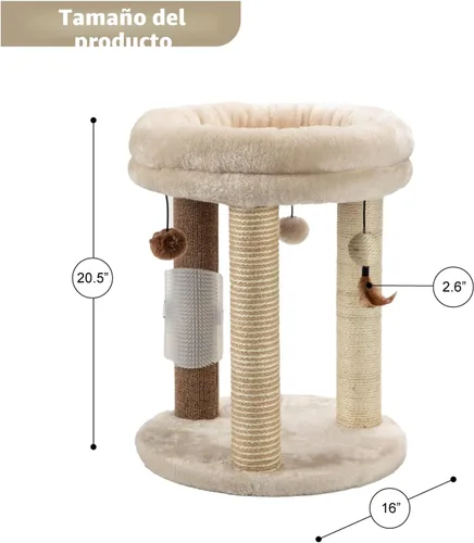 Vista 4 de MECOOL Árbol pequeño para gatos 4en1, poste rascador con torre, cama suave, alfombra de sisal, postes de yute con tres juguetes de bola colgante