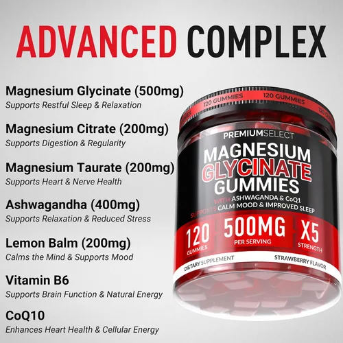 Vista 3 de Gomitas de glicinato de magnesio para adultos, 500 mg, 120 gomitas sin azúcar, apoyo para calmar y dormir con bálsamo de limón Ashwagandha
