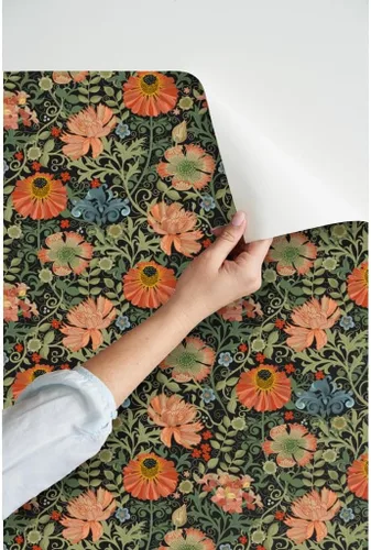 Vista 3 de Papel tapiz para despegar y pegar, diseño Art Nouveau con flores negras, diseño floral, decoración de jardín, papel pintado extraíble Spoonflower