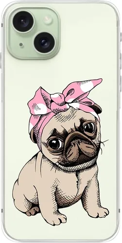 Vista 5 de Blingy's Funda para iPhone 15, lindo patrón de carlino divertido estilo perro divertido diseño de animales de dibujos animados diseño transparente