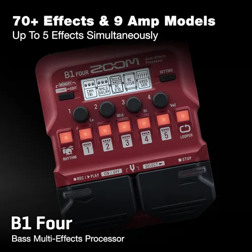Vista 2 de Zoom B1 Four - Pedal procesador de multiefectos para bajo, con más de 60 efectos incorporados, modelado de amplificador, looper, sección rítmica