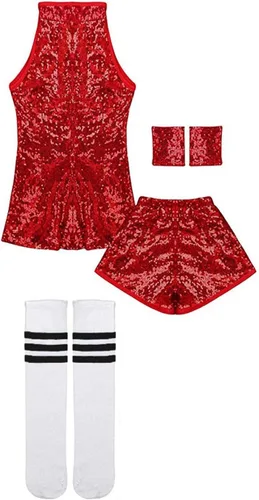 Vista 8 de LOLANTA Vestido de baile de lentejuelas para niñas de 4 a 12 años, traje de baile de hip hop, sin mangas y pantalones cortos