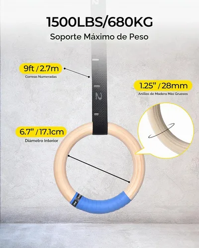 Vista 3 de PACEARTH Anillos olímpicos de madera para gimnasia de 1500/1000 libras con hebilla de leva ajustable de 14.76 pies/9 pies de largo, correas