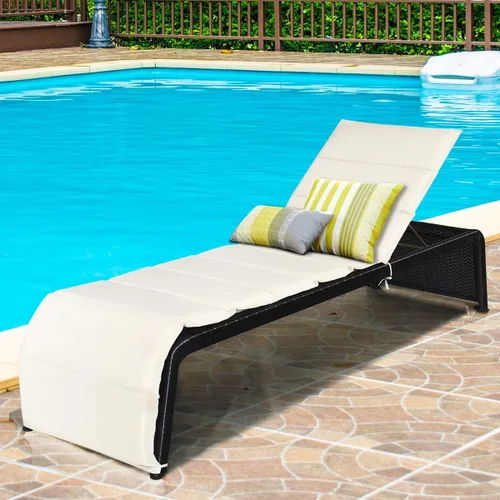 Vista 2 de COSTWAY Silla de ratán para patio, silla reclinable acolchada con respaldo ajustable, jardín y piscina (beige)
