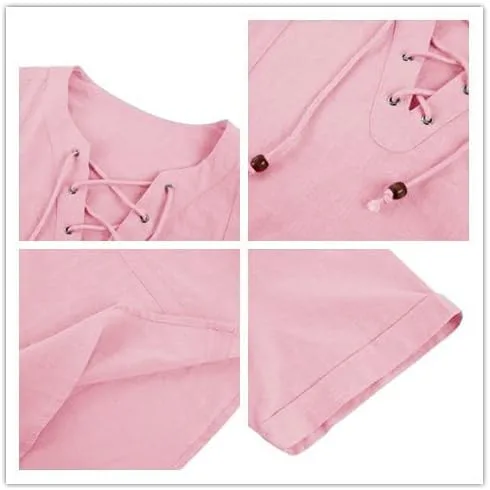 Vista 3 de Pengfei Camisas de lino de algodón para hombre, con cordones, cuello en V, casual, playa, hippie, camisas con cordón