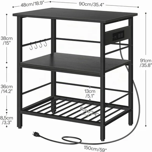 Vista 3 de HOOBRO Isla de Cocina con Almacenamiento, Mesa de Isla de Cocina con Toma de Corriente, 35.4" L Estación de Café de 3 Niveles y Soporte para Negro