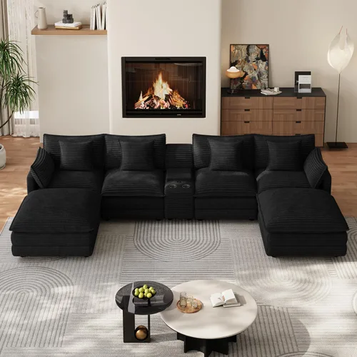 Vista 8 de Sofá modular en forma de U de 143 pulgadas para sala de estar, sofá modular de gran tamaño, sofás seccionales modernos, asiento profundo de pana