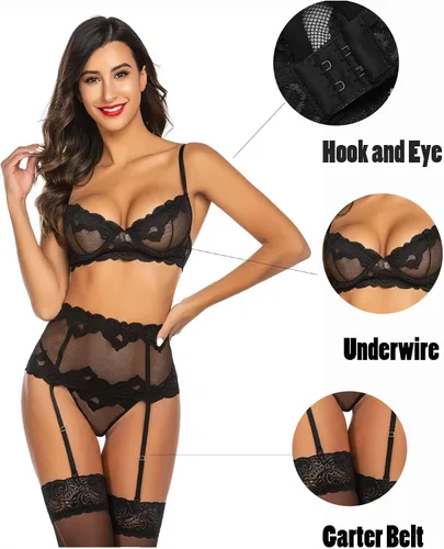 Vista 2 de ADOME Conjunto de lencería sexy para mujer con liguero sostén y bragas de encaje
