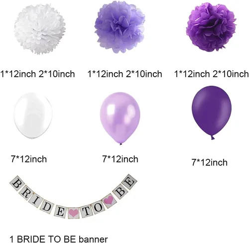 Vista 2 de Juego de decoración de despedida de soltera morada, pancarta de novia para ser blanco, lavanda, morado, papel de seda de gran tamaño, pompones