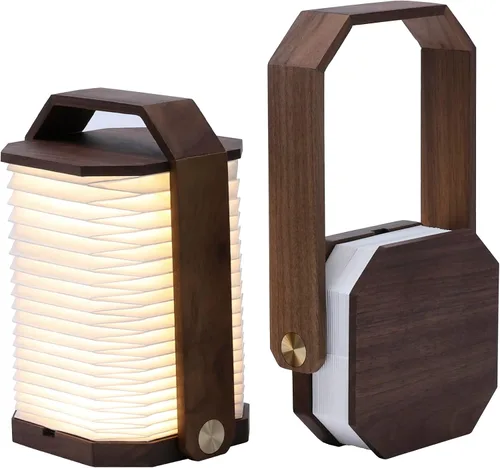 Vista 9 de Lámpara portátil de bambú - Linterna japonesa plegable con carga USB, pantalla de papel de fibra resistente a rasgaduras e impermeable, luz de viaje