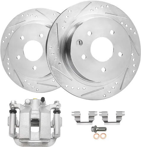 Vista 21 de Detroit Axle - Rotores de freno perforados traseros + repuesto de pinza de freno de disco trasera izquierda para Acura TL Honda Element - Juego de 3
