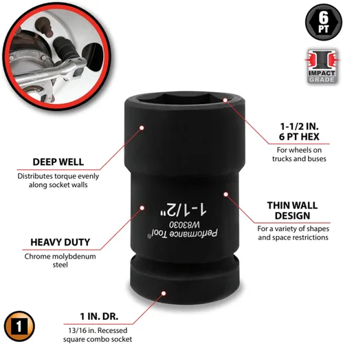 Vista 3 de Performance Tool W83030 - Llave de 1 pulgada de transmisión 1/2 pulgada de rueda doble para camiones domésticos - Construcción de cromo molibdeno