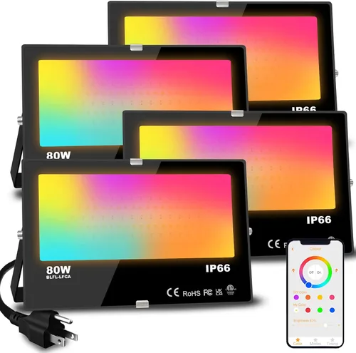 Vista 10 de MELPO Luz de inundación LED para exteriores, equivalente a 800 W, 8000 lm, iluminación inteligente RGB para paisaje, con control de aplicación