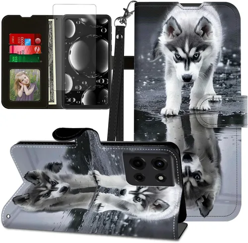 Vista 105 de Funda para Motorola Edge 2022 con protector de pantalla, soporte y tarjetero y correa para la muñeca, funda magnética para Moto Edge 2022 5G UW Lobo