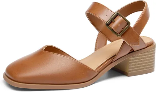 Vista 7 de Coutgo Zapatos de vestir de tacón bajo y grueso para mujer, con puntera cerrada, con correa de tobillo ajustable Beige