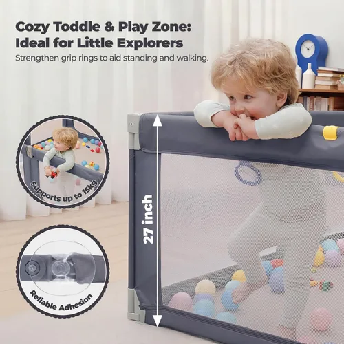 Vista 8 de Kidirect Corralito Plegable para Bebés, 71"×69" Corralito Extra Grande para Bebés y Niños Pequeños de 1-3 Años, Patio de Juegos Portátil con 5 Asas