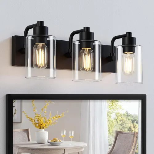 Vista 10 de Dpyrrhic Luces de Baño Negras Mate de 2 Luces Sobre Espejo con Pantalla de Vidrio Transparente, Luminarias Modernas de Baño para Cocina, Sala