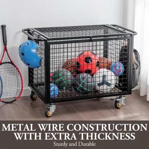 Vista 4 de MyGift Carrito de almacenamiento de pelotas deportivas de metal negro para parque infantil, Dodge Ball, baloncesto, pelota de fútbol, canasta