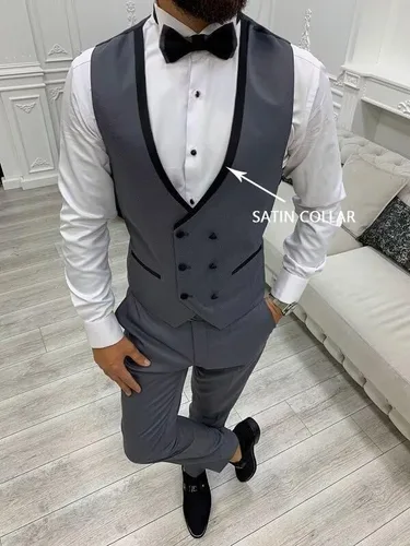 Vista 6 de HUUTOE Trajes de graduación ajustados de 3 piezas para hombre, esmoquin negros para hombres, traje de doble botonadura para hombre, traje de boda