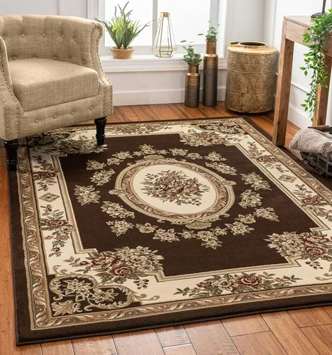 Vista 24 de Alfombra de pastoral con medallón de tejido suave y grueso, estilo europeo, con diseño floral y tradicional, fácil de limpiar, moderna, clásica