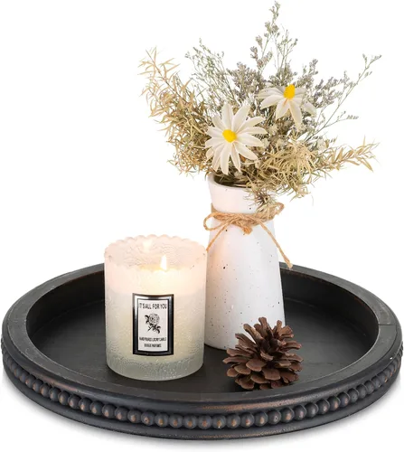 Vista 11 de Hanobe Bandeja decorativa negra para mesa de café, redonda, borde con cuentas 11.8-inch wood tray for living room, kitchen counter, or entryway