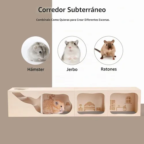 Vista 3 de Casa de madera para hámster, túnel de hábitat para mascotas