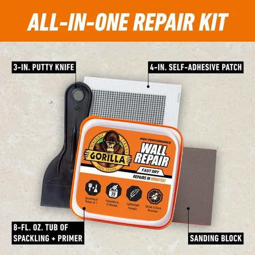 Vista 2 de Gorilla - Kit de reparación de pared con revestimiento, resistente, resanador + imprimación en color blanco Includes 3 in Putty Knife, Sanding