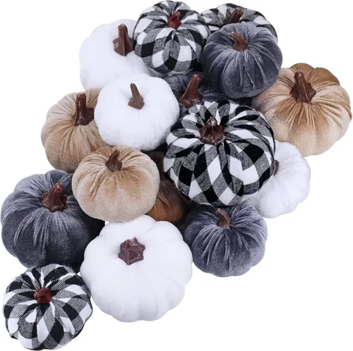 Vista 11 de Winlyn Juego de 16 calabazas de terciopelo sintético surtidas, decorativas, color verde azulado, verde, gris, marfil, calabazas de espuma de tela
