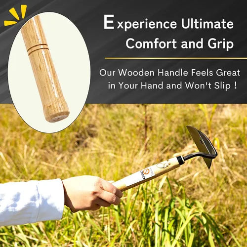 Vista 6 de Azada de mano japonesa de hoz de primera calidad para jardinería, ideal para plantar, arar, excavar y más, duradero, diseño ergonómico y hoja