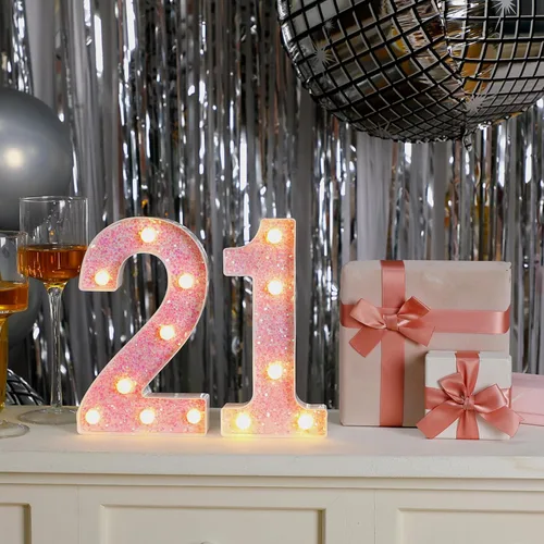 Vista 3 de Letrero decorativo con números 21 de marquesina con luz LED, decoración de mesa de cumpleaños, rosa brillante, 1 y 2, adecuado para cumpleaños
