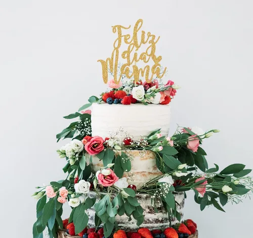 Vista 4 de Decoración para tartas de Feliz Dia Mama con purpurina dorada, decoración del día de la madre, mejor mamá de todos los tiempos, suministros