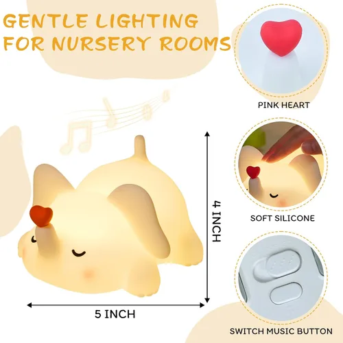 Vista 3 de Luz nocturna de elefante para niños con música, lámpara de silicona blanda para guardería, linda luz de animal de 3 niveles regulable y recargable