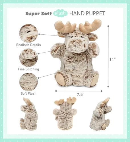 Vista 2 de DolliBu - Marioneta de mano de alce de peluche, súper suave, juguete de alce para niños, marionetas educativas para enseñar animales salvajes