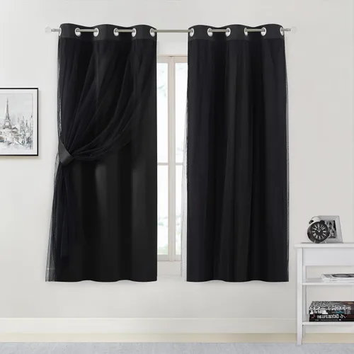 Vista 15 de Bujasso Cortinas 80% Opacas Beige con Superposición de Gasa Mezcla y Combinación Paneles de Ventana con Aislamiento Térmico de Doble Capa de 63