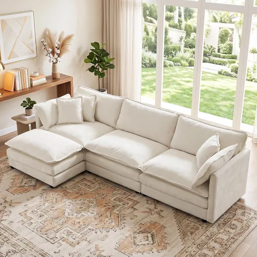 Vista 65 de Sofá individual modular de chenilla con otomana, sofá nube con almohada, color beige