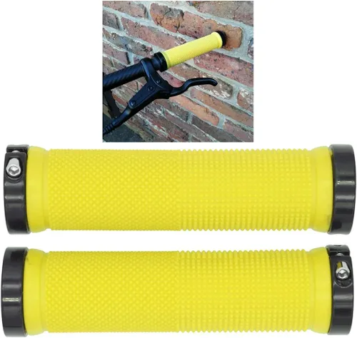 Vista 2 de PLATT - Puños de manillar de bicicleta con gomas de goma coloridas Puños de bicicleta cómodos para bicicletas BMX/MTB amarillo (Yellow+End Caps)
