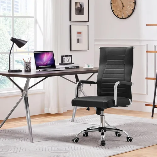 Vista 2 de Yaheetech - Silla de oficina giratoria de piel sintética acanalada, color negro Ribbed PU leather back on a chrome frame fits home offices and