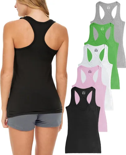 Vista 10 de Sexy Basics Paquete de 5 camisetas sin mangas PowerFlex con espalda nadadora para mujer / Camisetas sin mangas elásticas de algodón y elastano